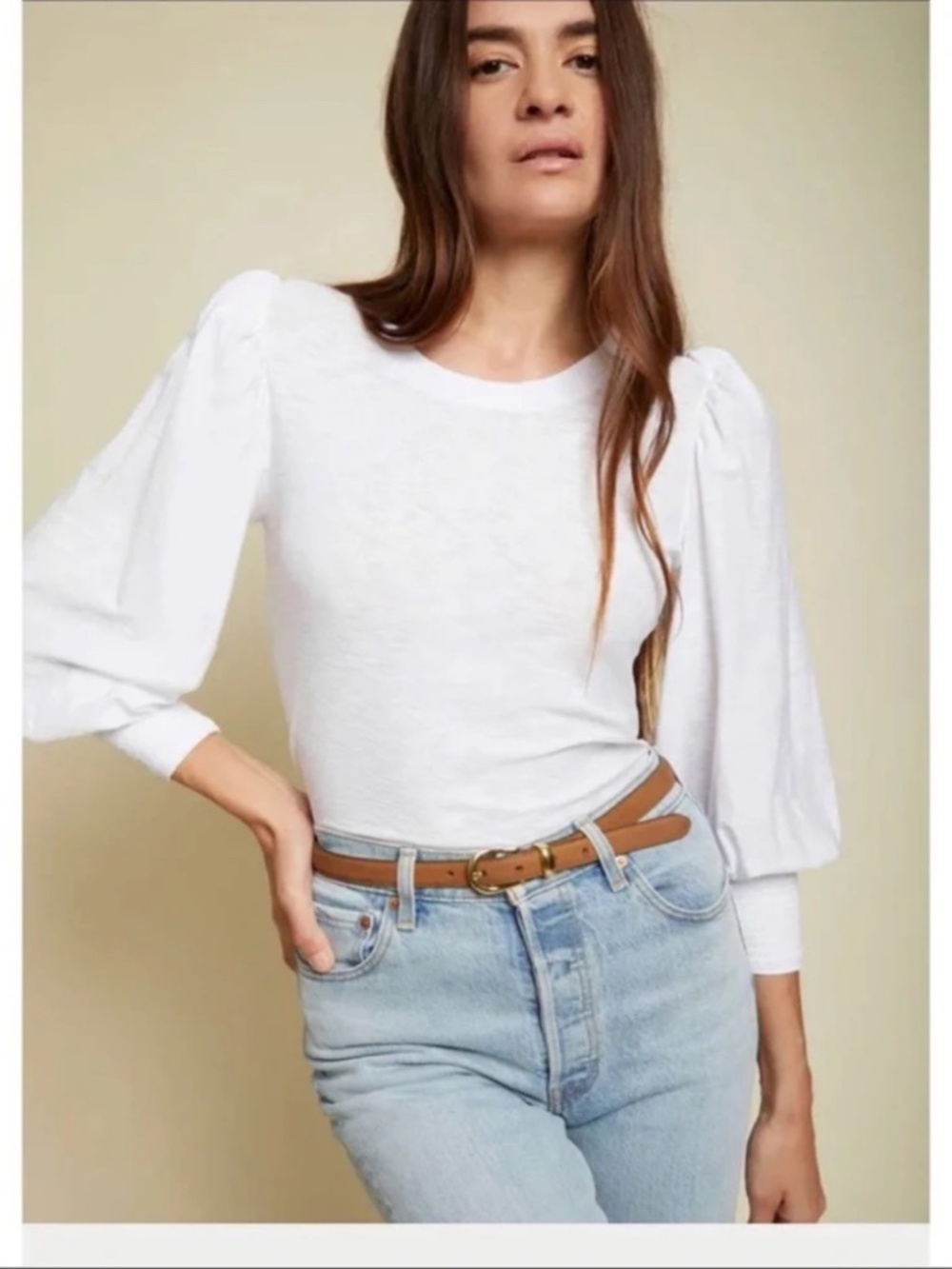 Nation LTD Loren Tee White Pima Cotton Puff Sleeve Smocked Cuff Top - Picture 16 of 16